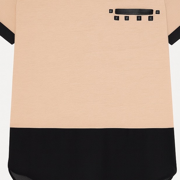 Lumière’ Tan & Black Sheer Hem Short Sleeve Blouse Size L with Studded Pocket - Picture 8 of 12